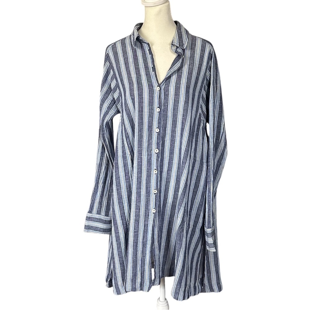 Free People Audrey Stripe Linen Blend Button Down Shirt Dress Size Medium